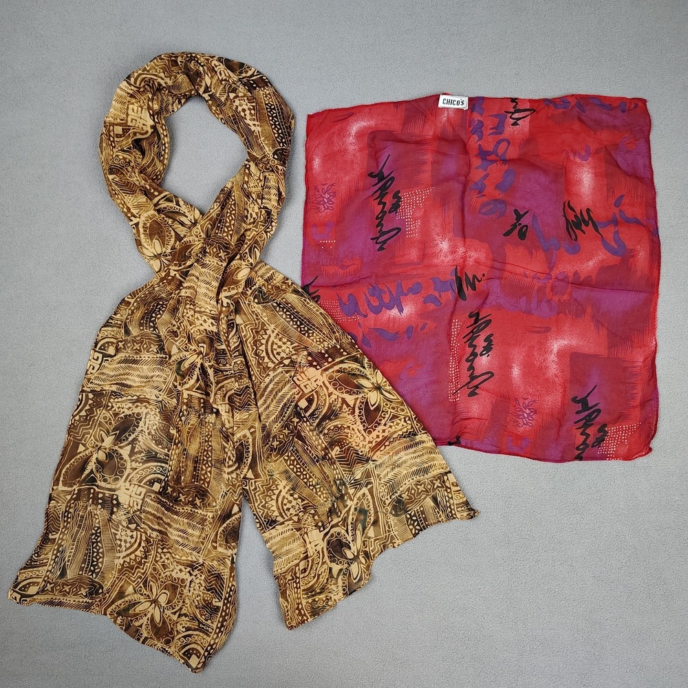 Chicos 100% Silk Scarf Bandana Lot 2 Chiffon 6ft Scarf 19" Square Abstract Art